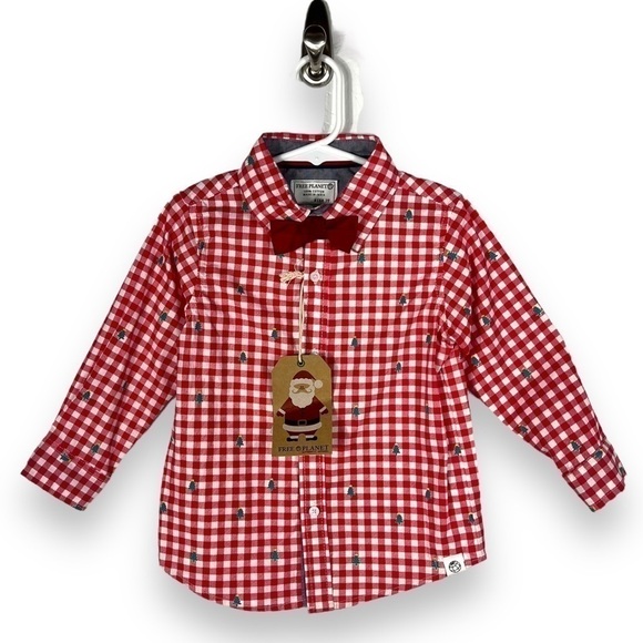 4 for $20 SALE! Free Planet Gingham Holiday Shirt w/Bow Tie, Red/White/Trees, 3T - Picture 1 of 12